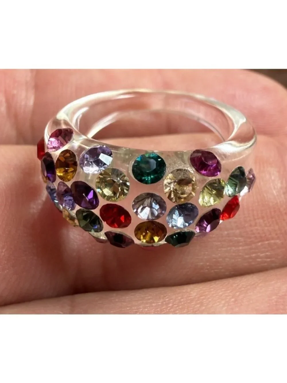 Clear Lucite Acrylic Chunky Dome Ring Multicolor Rhinestone Crystal Statement
